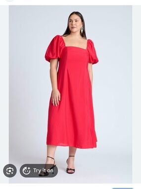 ELOQUII Red Puff-Sleeve Flare Midi Dress